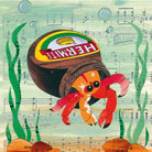 Greetings card featuring a hermit crab in a brown jar labeled 'Hermite' on a background of musical notes and underwater elements.