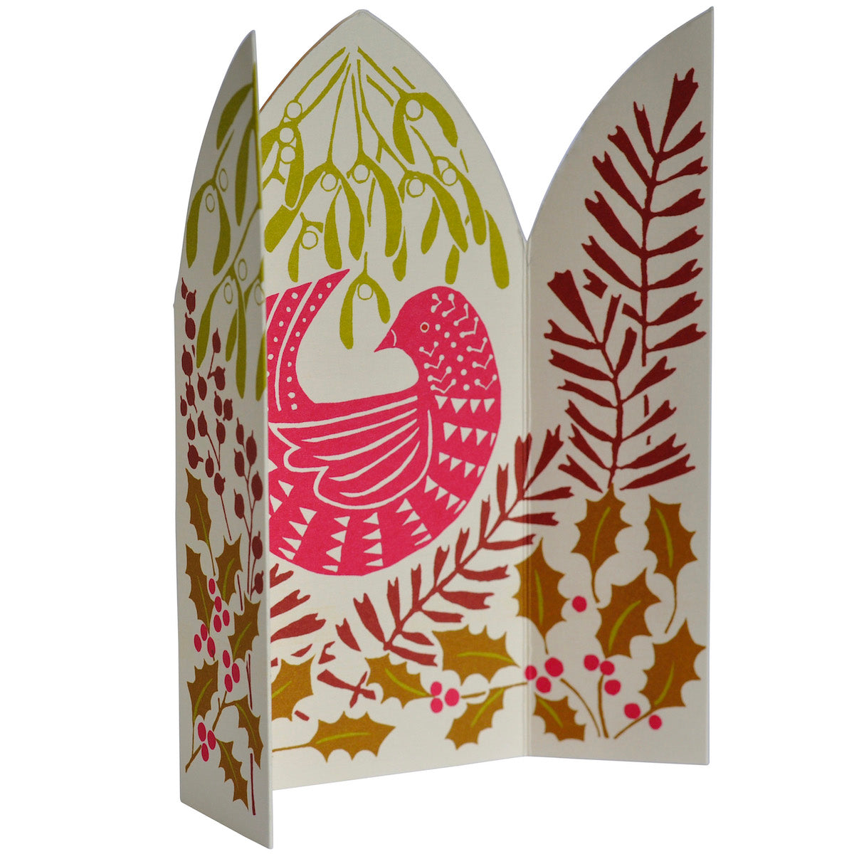 Decorative card with a bird design and holly leaves on a white background