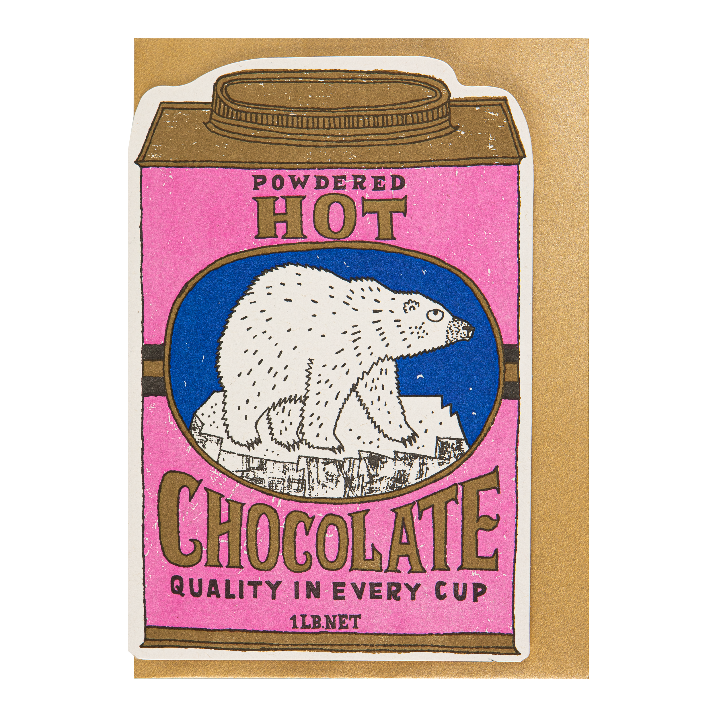 A die-cut card shaped like a hot chocolate carton, shown on a plain tan background. The design has a pink carton face with brown text reading 'Powdered Hot Chocolate' and a central blue oval containing a white polar bear illustration.
