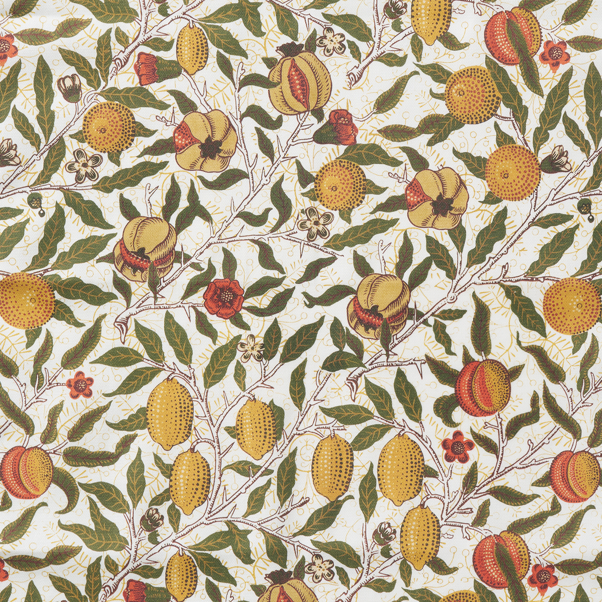 Patterned fabric with fruit and leaf design on a beige background