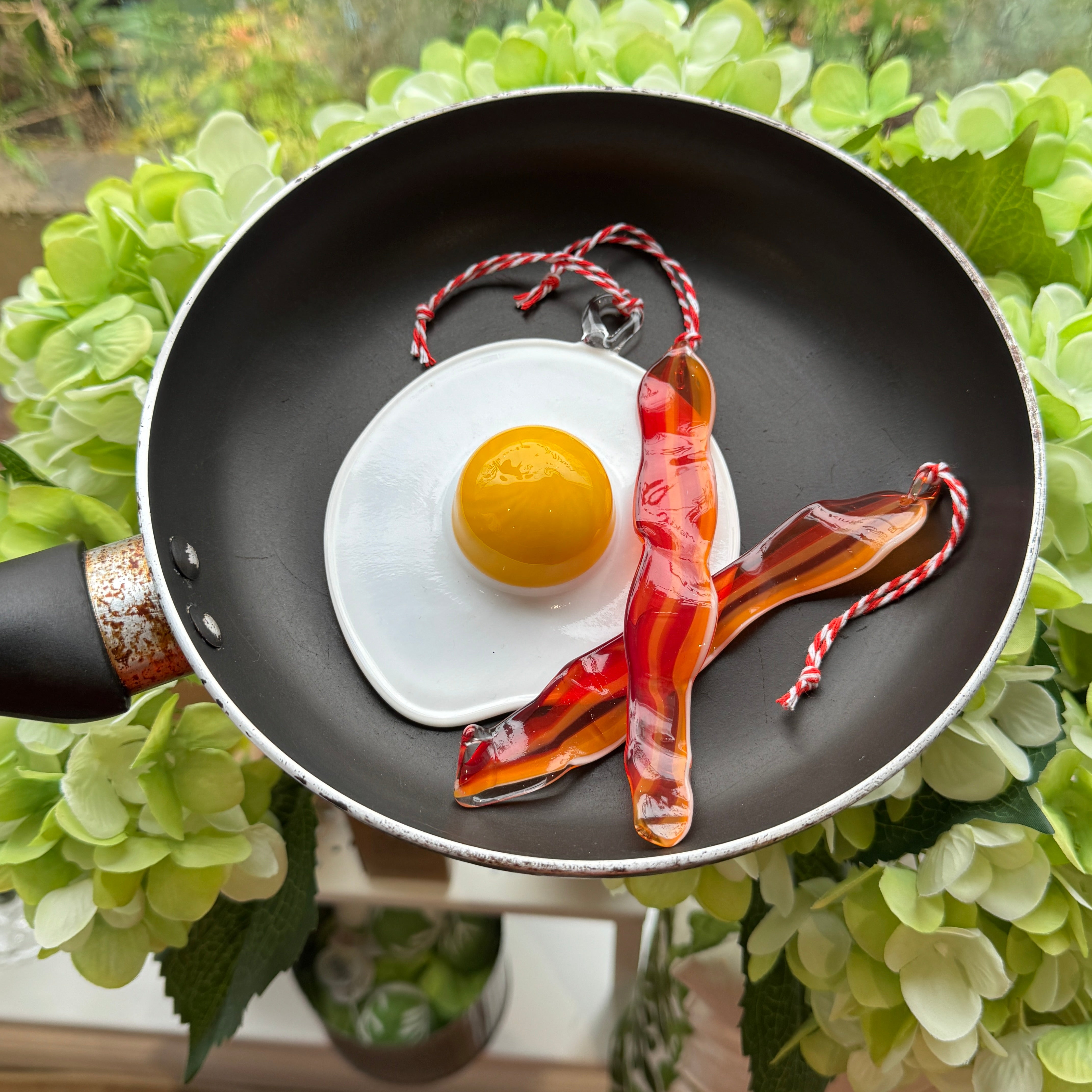 glass egg and bacon decoration 
