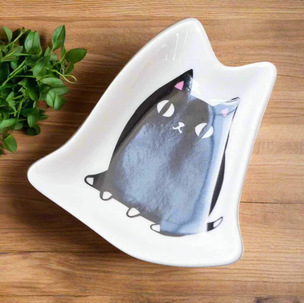 Japanese Style Cat Ceramic Tiny Plate Seasoning Dish: Black Cat 