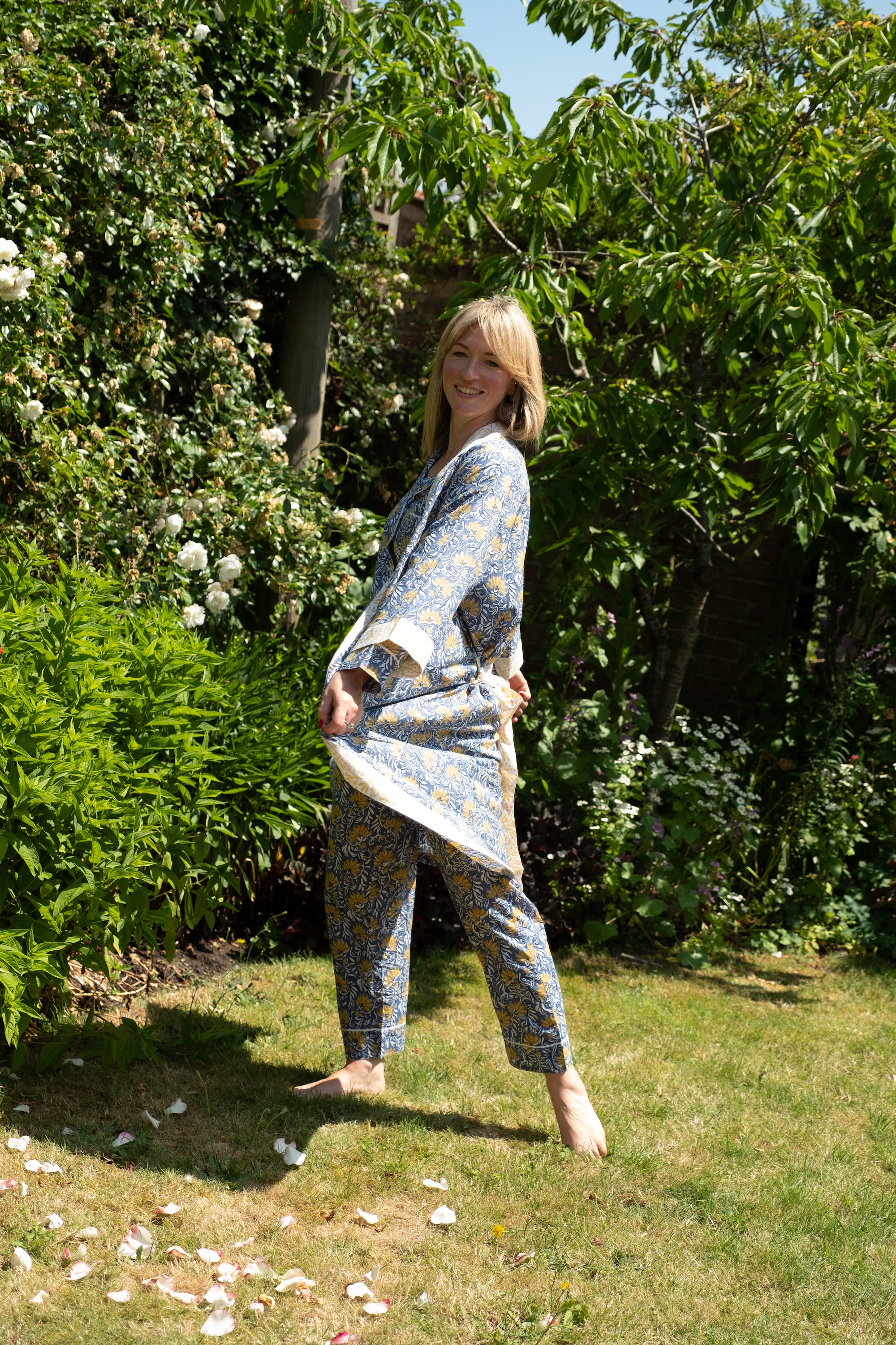 Full Length Cotton Kimono - Jaipur Blue & Yellow