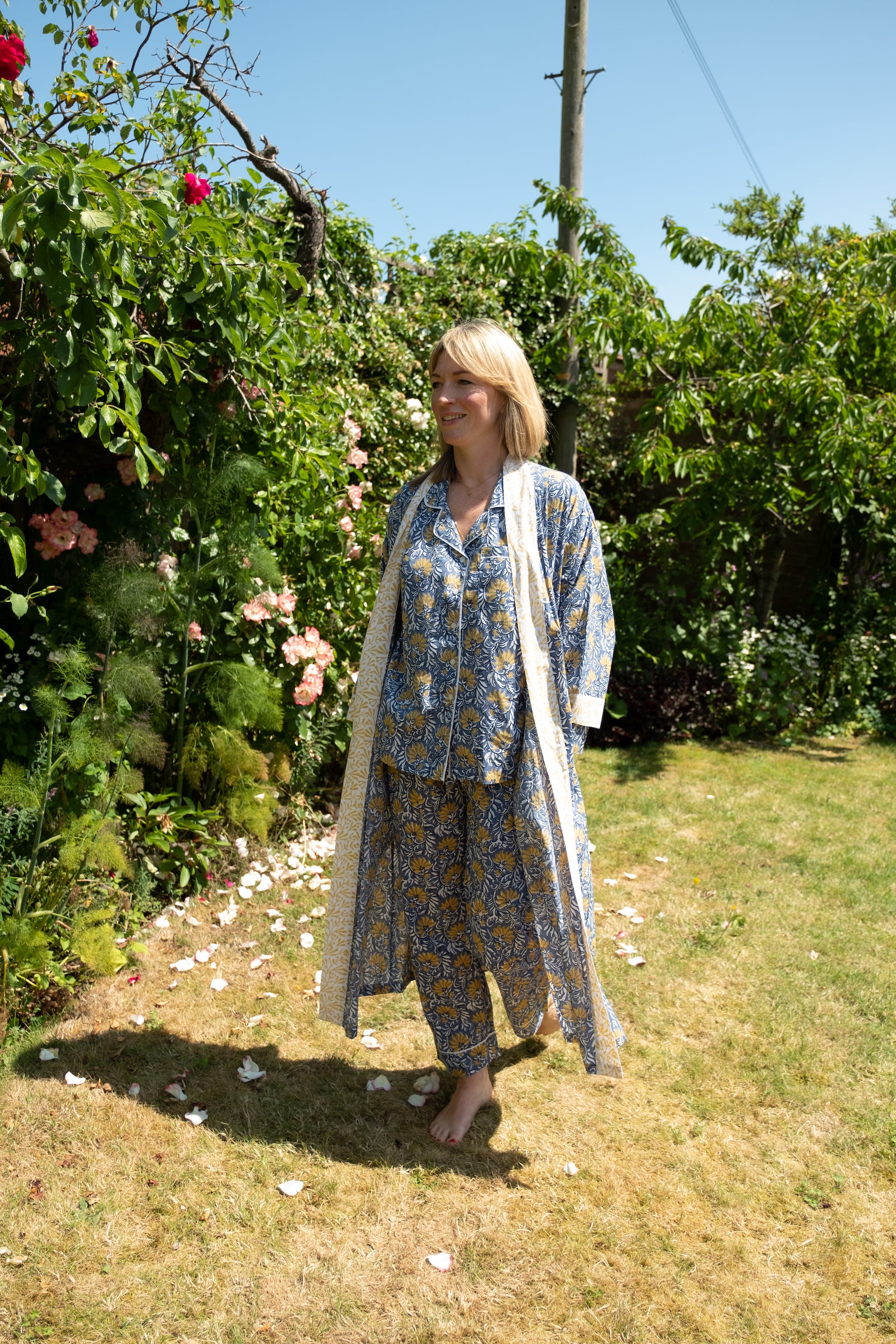 Full Length Cotton Kimono - Jaipur Blue & Yellow