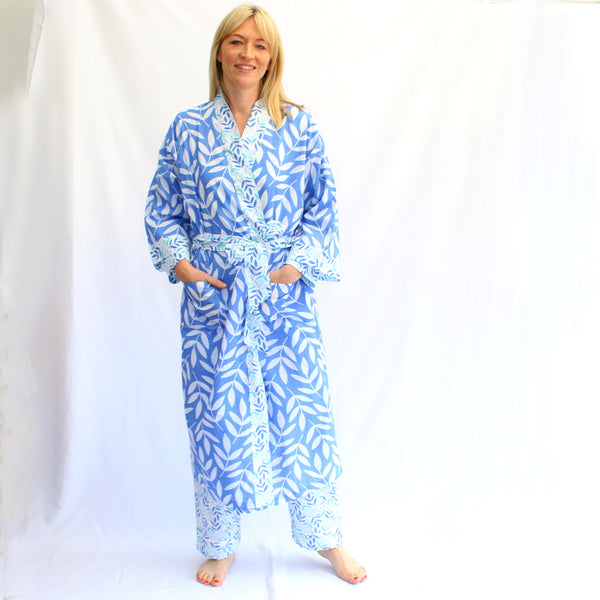 Full Length Cotton Kimono - Large Leaf China Blue