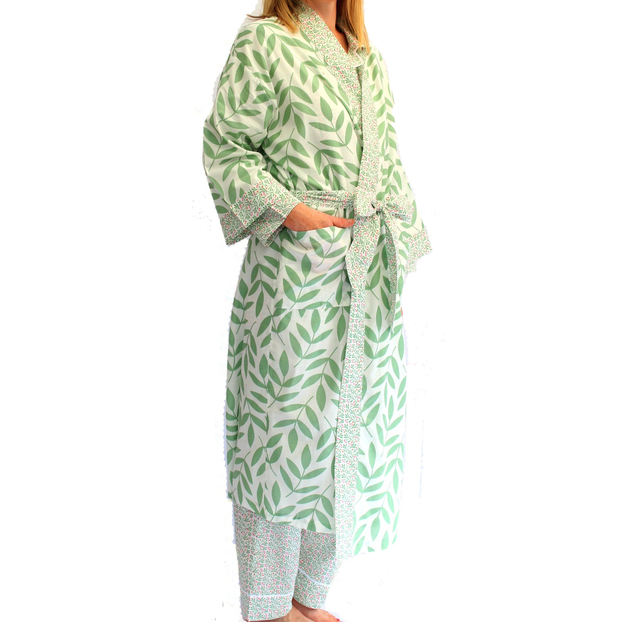 Full Length Cotton Kimono - Large Leaf Green