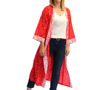 Full Length Cotton Kimono - Large Leaf Magenta & Orange