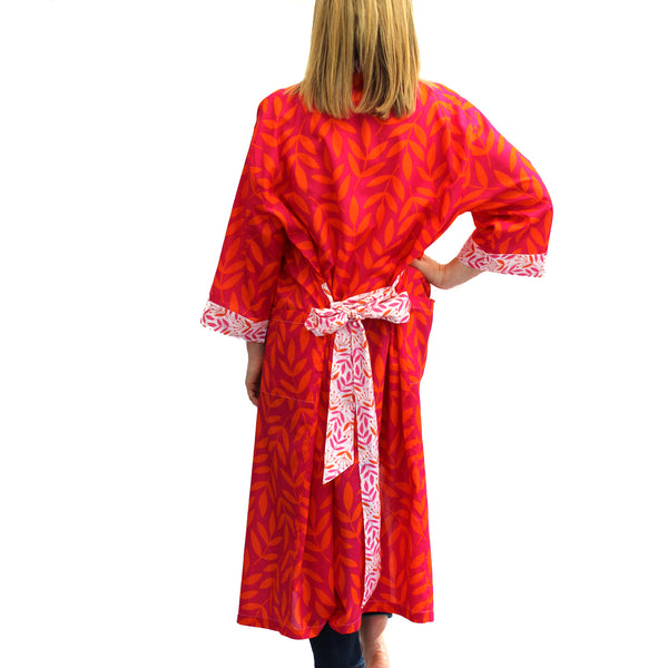 NEW Full Length Cotton Kimono - Large Leaf Magenta & Orange