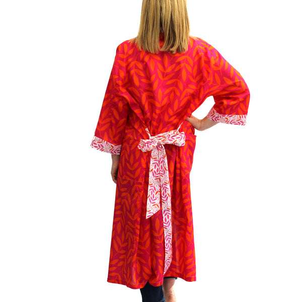 Full Length Cotton Kimono - Large Leaf Magenta & Orange