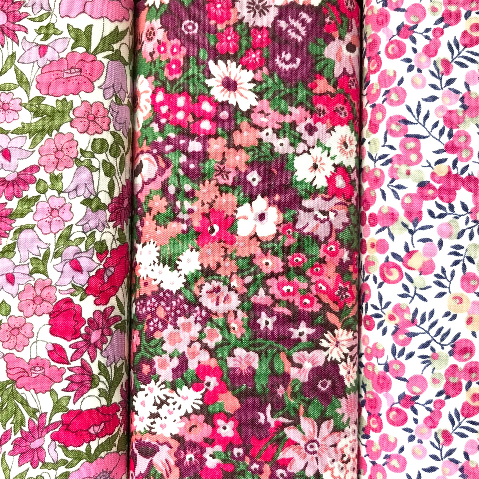Three pink floral cotton hankies in Liberty Tana Lawn
