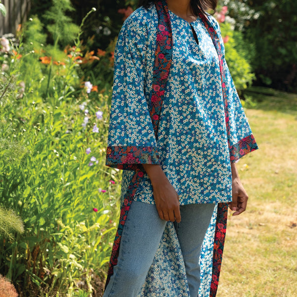 Long Kimono Robe: Teal Mitsi - Made with Liberty Fabric