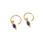 Gold hoop earrings with blue stones on a white background