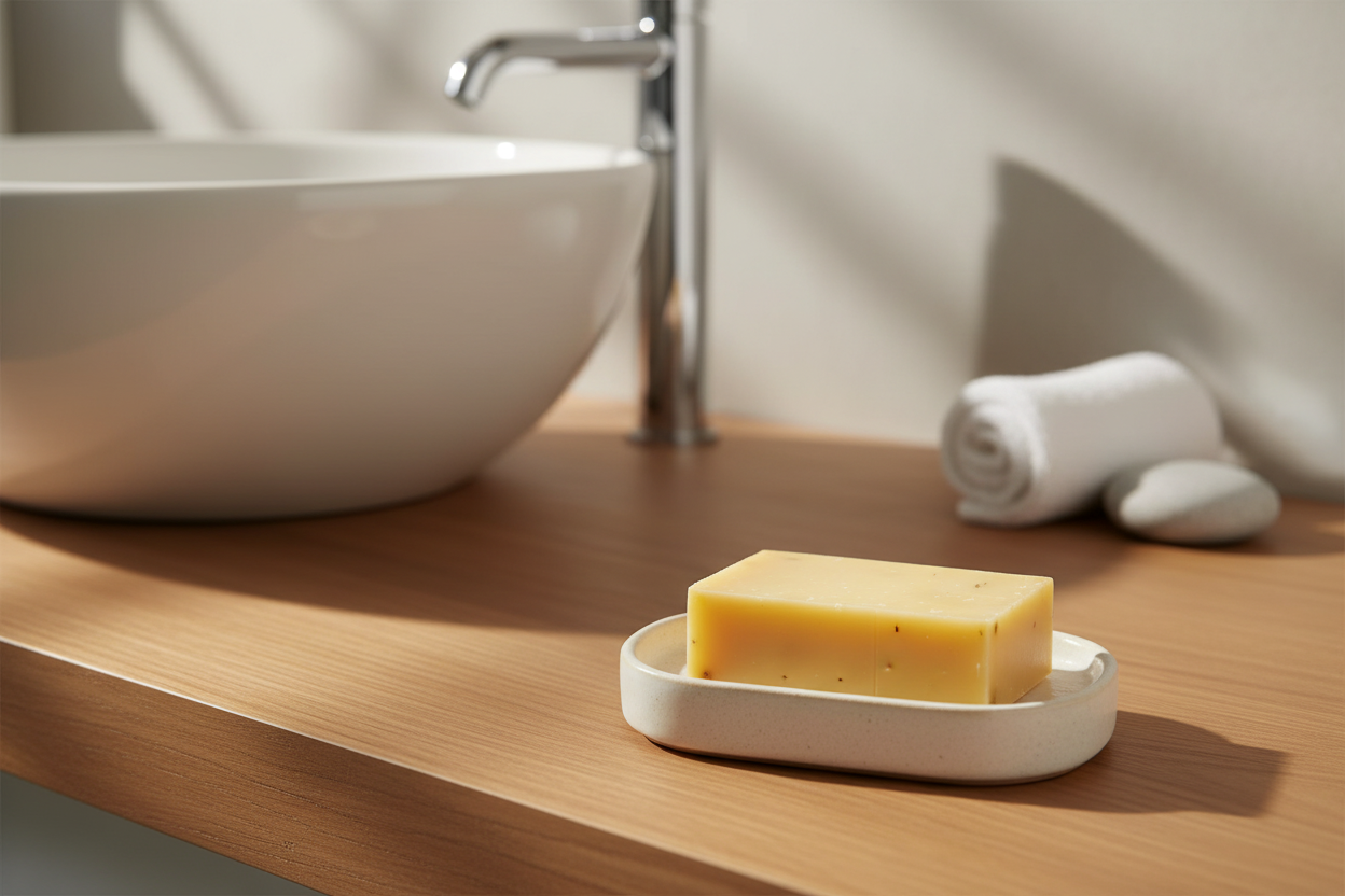 Yellow bar of soap on a white soap dish in a bathroom setting with a sink and towel.