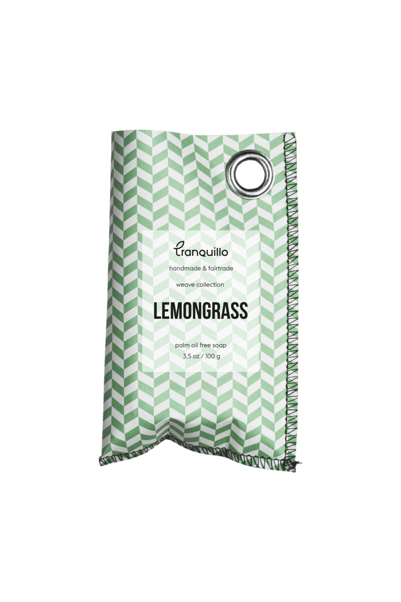 Packaged soap with green and white design on a white background