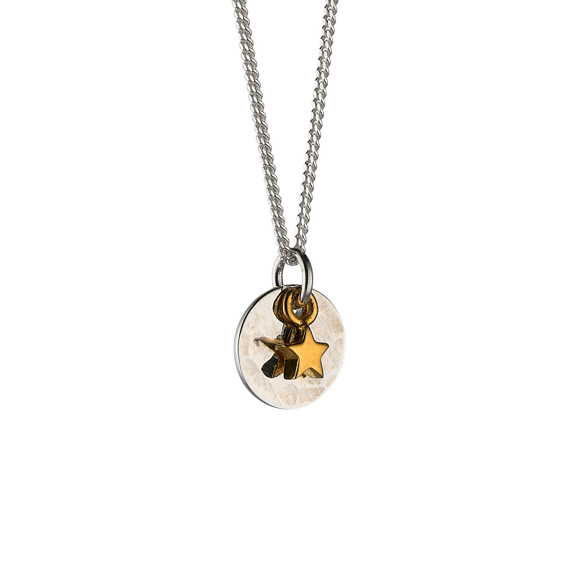 Mini Hammered Disc with Star Necklace Sterling Silver and Gold Vermeil