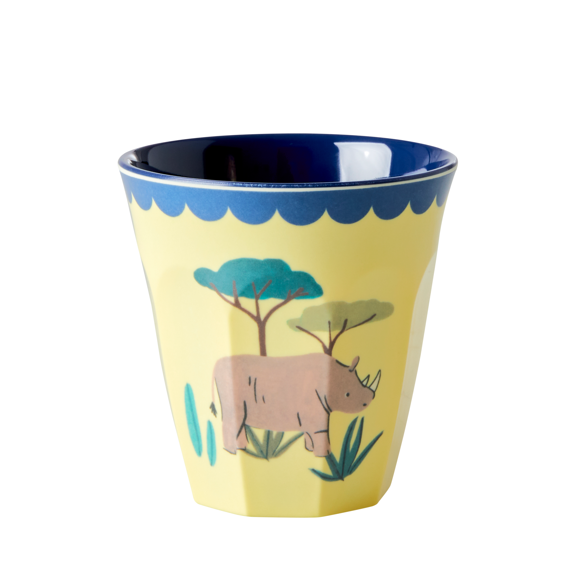 Yellow cup with a rhino and tree design on a white background
