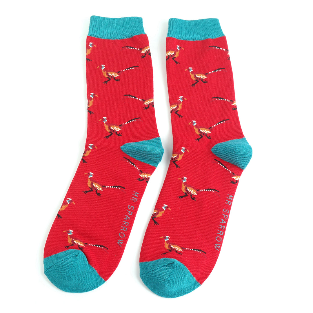 Red socks with blue accents and bird pattern on a white background