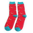 Red socks with blue accents and bird pattern on a white background