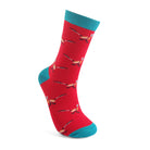 Red sock with fox pattern and teal accents on a white background