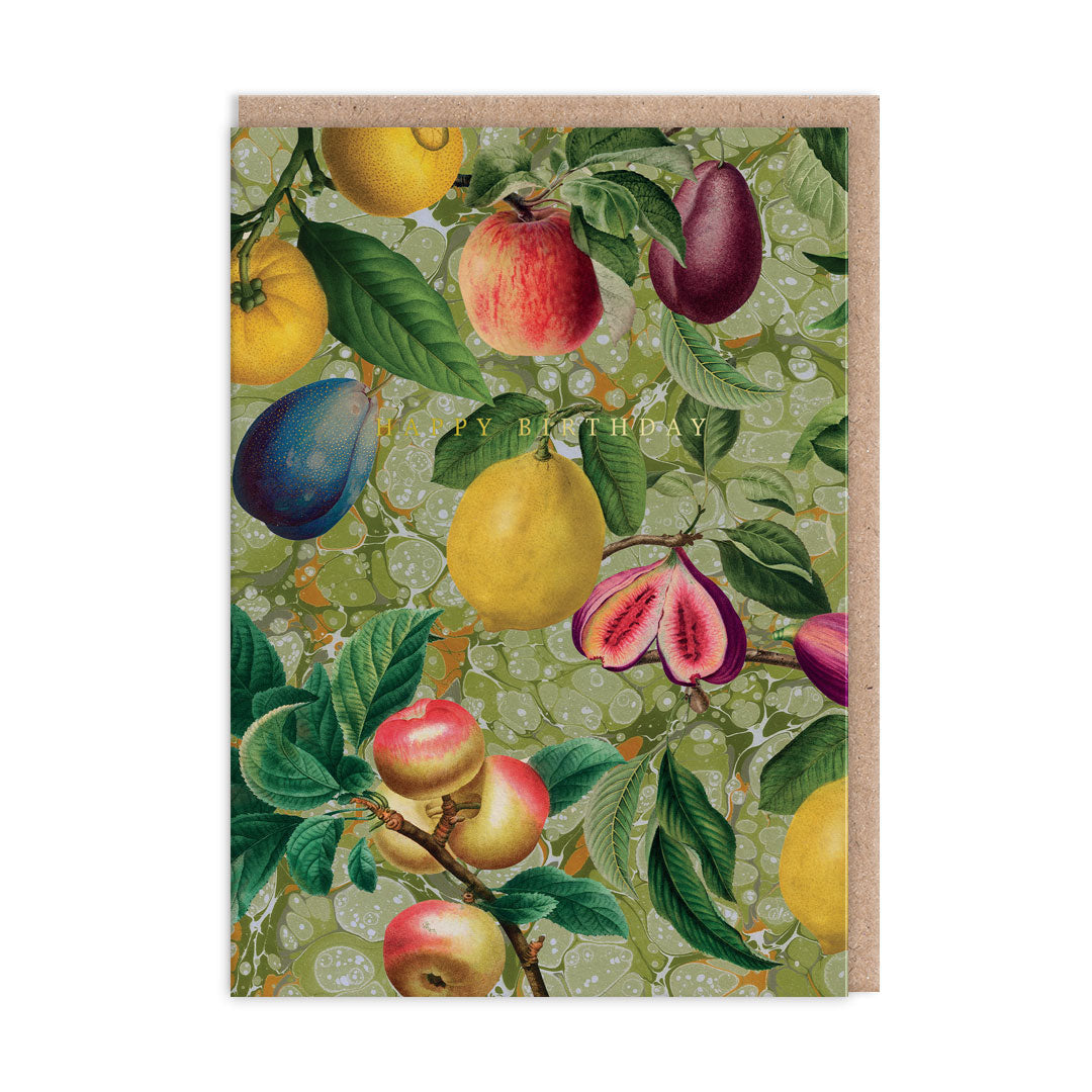 Greeting card with fruit illustration and 'Happy Birthday' text on a green background