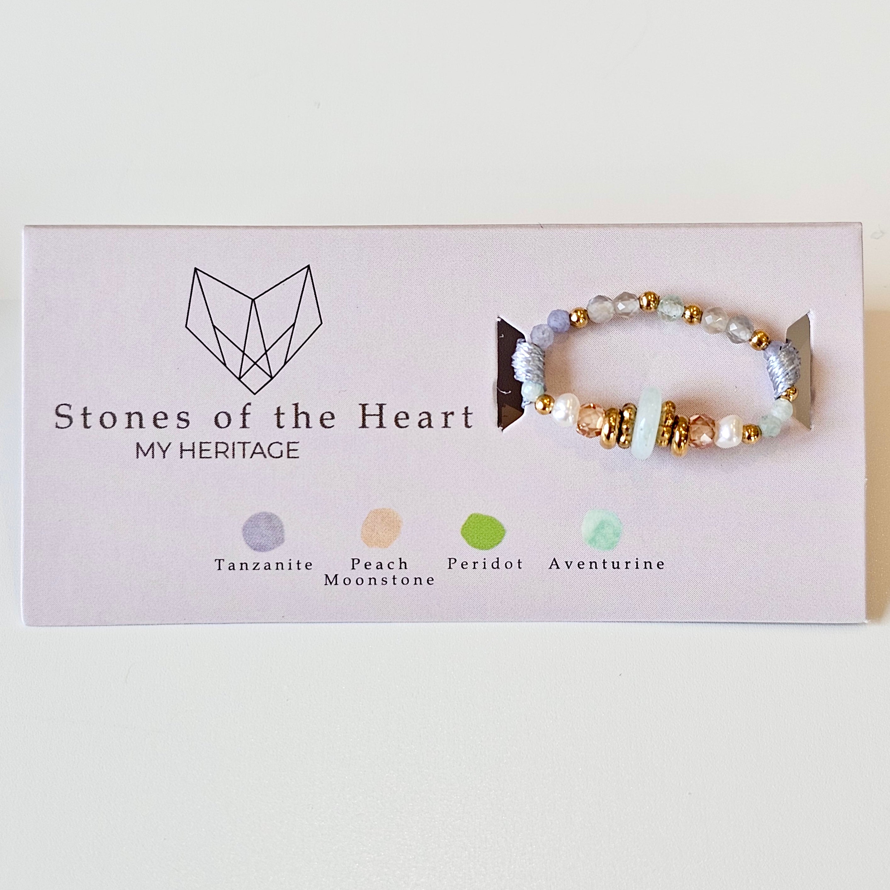 Bracelet on a 'Stones of the Heart' branded card with gemstone names.