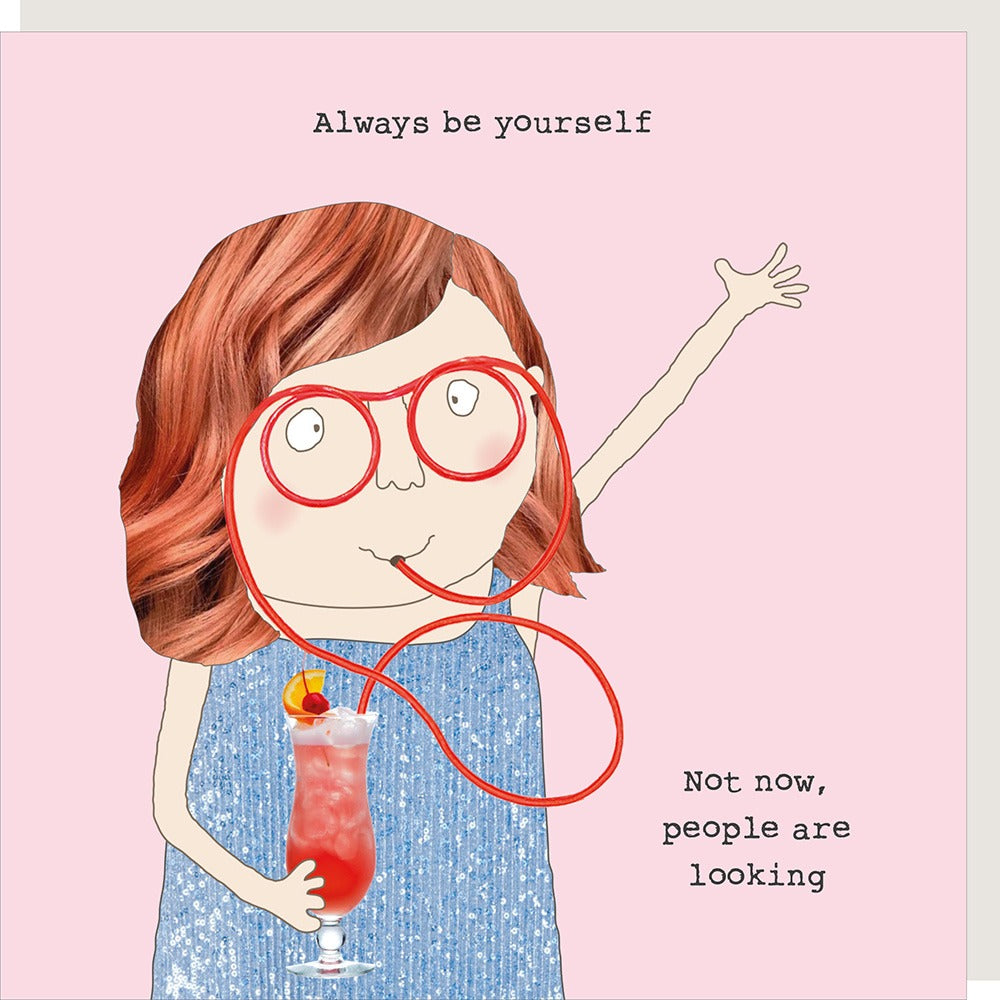 Illustration of a girl with red hair and glasses holding a cocktail, with text on a pink background.