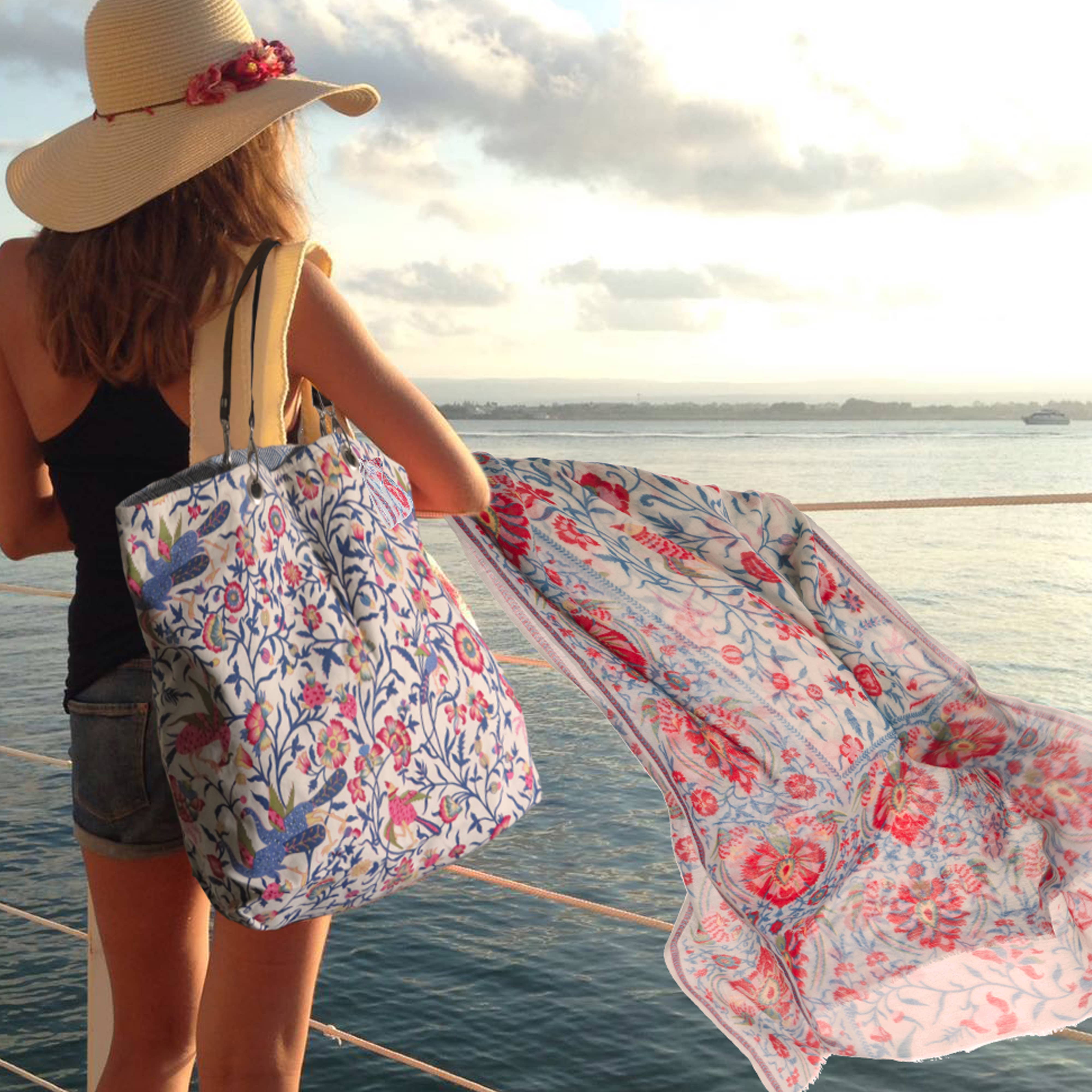 Ottoman red blue stamen wool stole Bird of Paradise