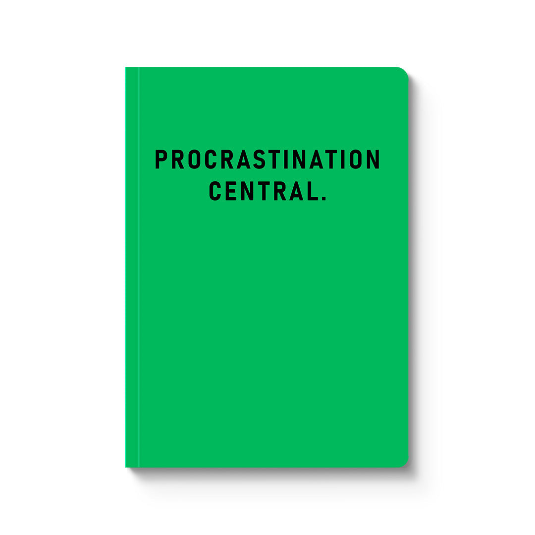 Green book with 'PROCRASTINATION CENTRAL.' text on a white background