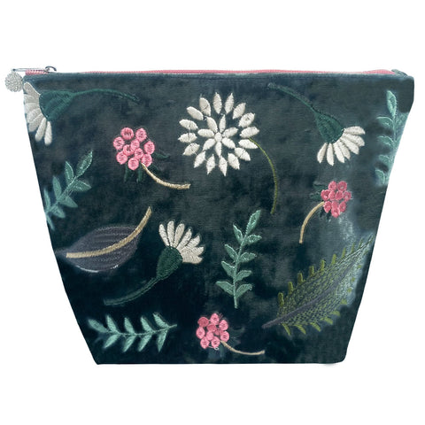 Large Velvet Dark Sage Folk Garden Cosmetic Purse