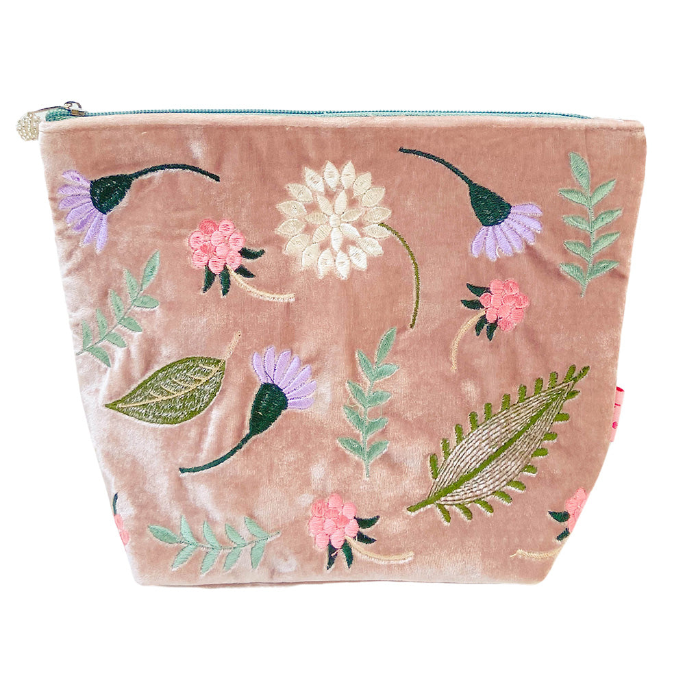 Large Dusky Pink Folk Flowers Cosmetic Purse 