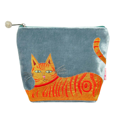 pale blue velvet purse with ginger cat 