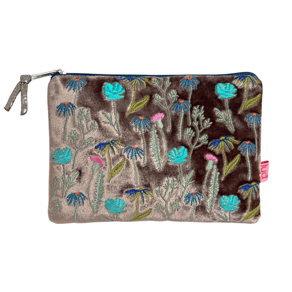 Embroidered floral pouch with a zipper on a white background