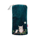 A dark teal velvet zippered pouch featuring embroidered owls on a branch and a white star, shown against a plain white background.