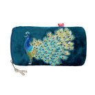 Blue pouch with peacock design and brand logo on a white background