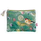 Embroidered pouch with a bird and floral design on a teal background
