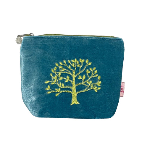 Oak Tree Aqua and Green Velvet Cosmetic Purse