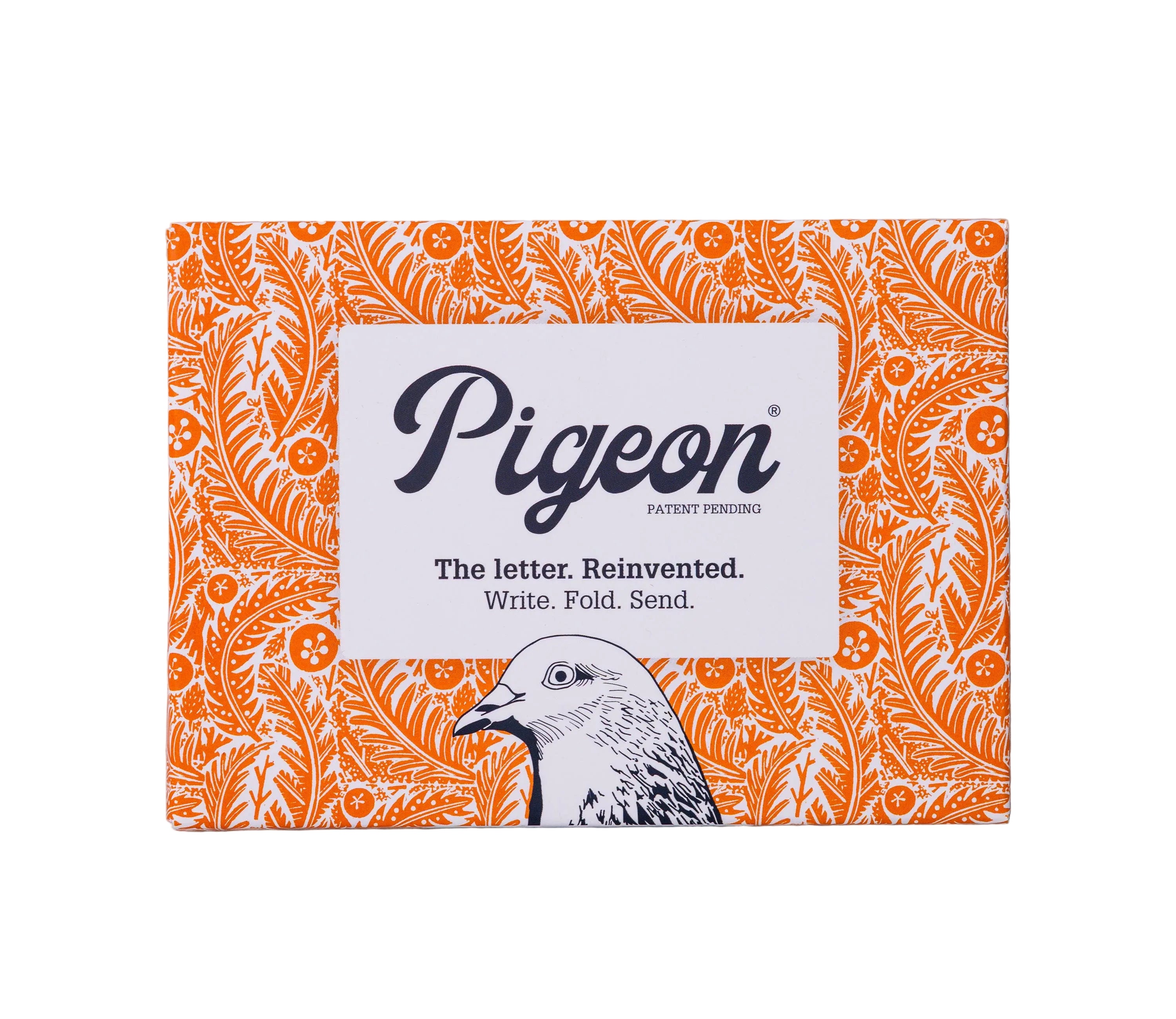 Pigeon letter writing kit packaging with orange and white design on a gray background