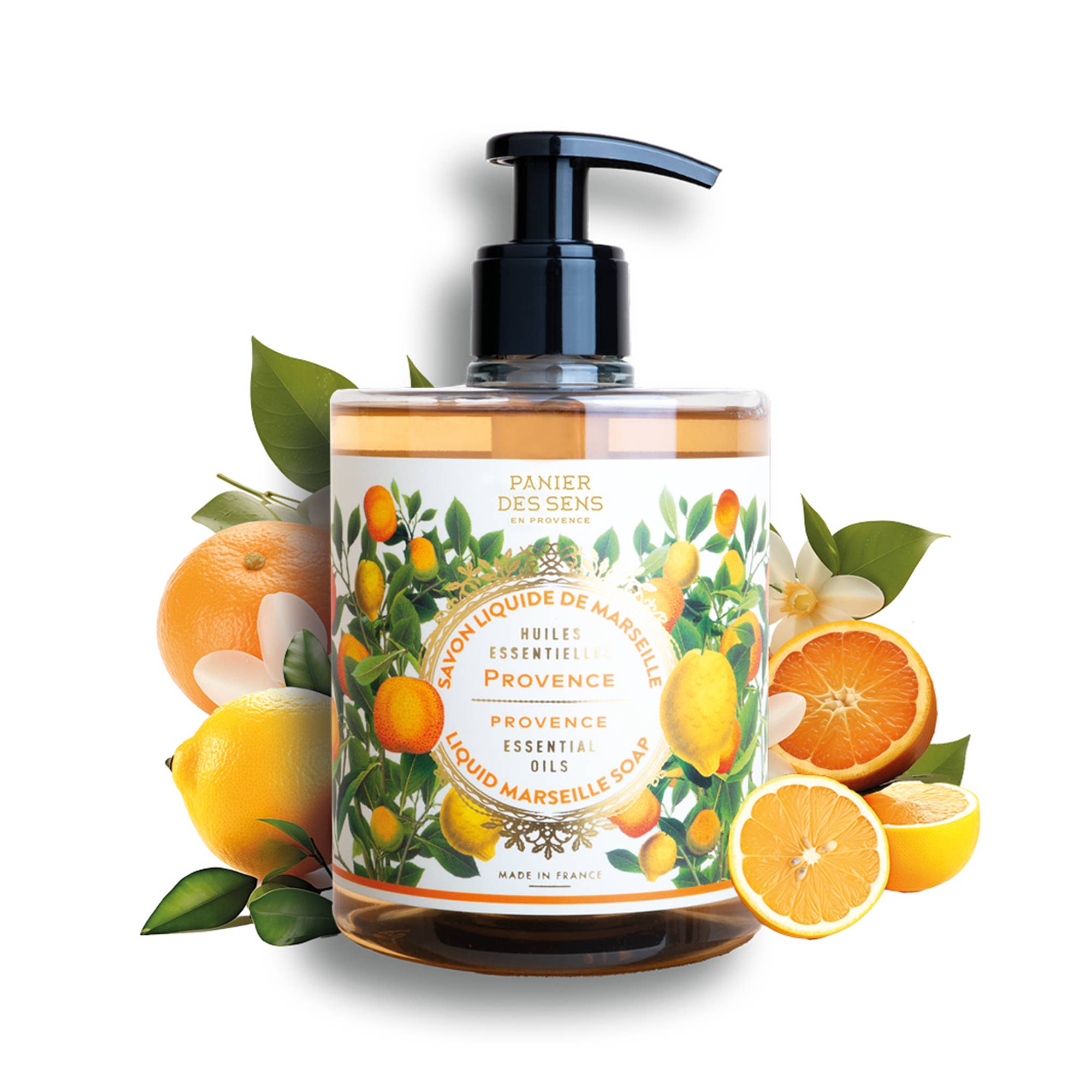 Bottle of soap with a decorative label featuring oranges and lemons on a white background