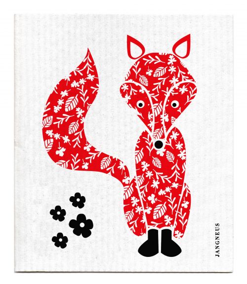 red fox design on a white dishcloth featuring Jangneus branding.