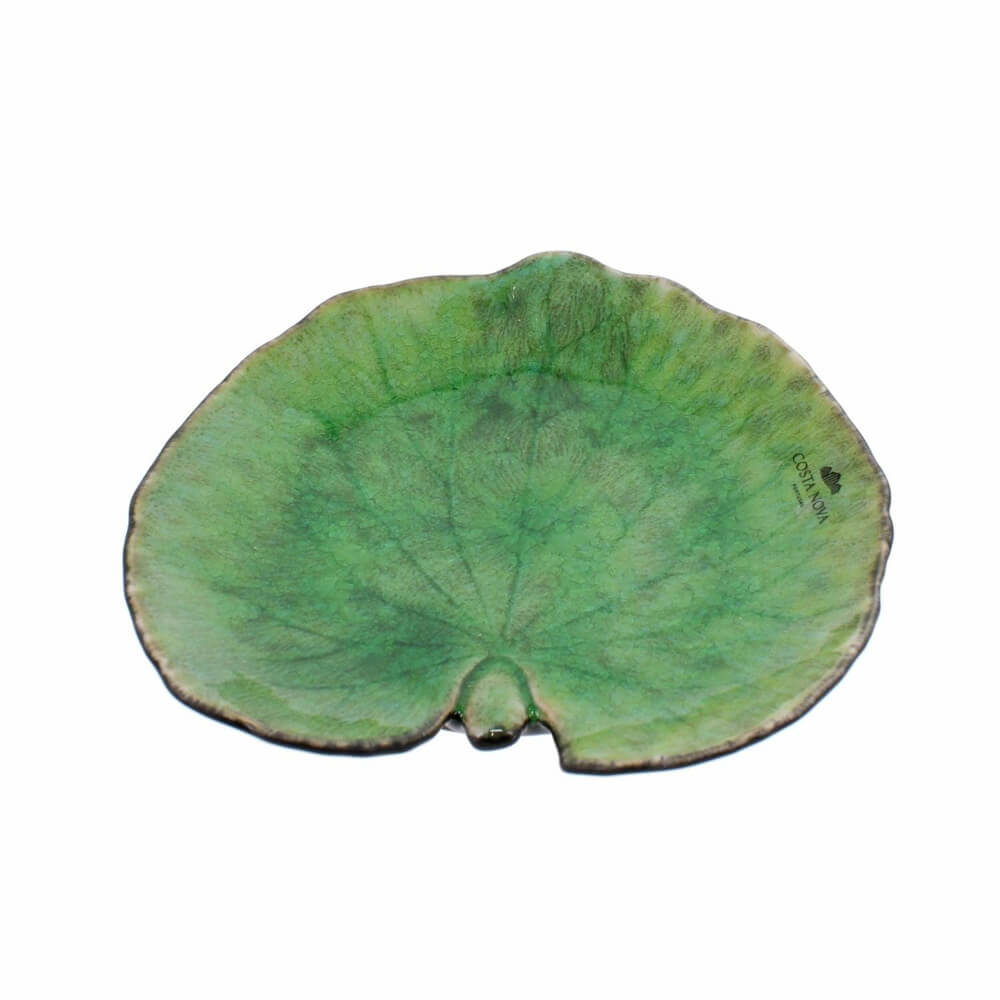 Green ceramic leaf-shaped plate on a white background