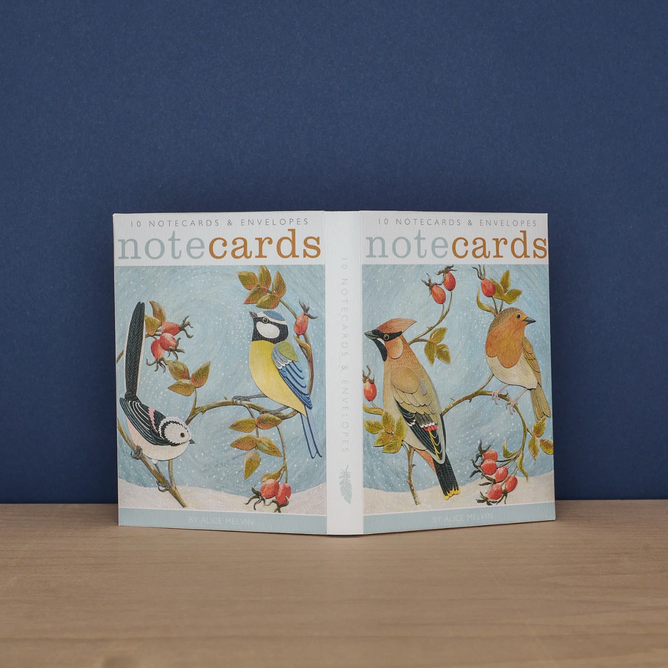 Set of note cards with bird illustrations on a blue background