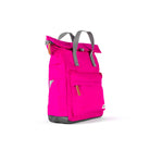Pink backpack with gray straps on a white background