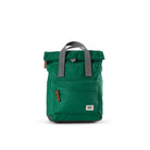 Green backpack with gray straps on a white background