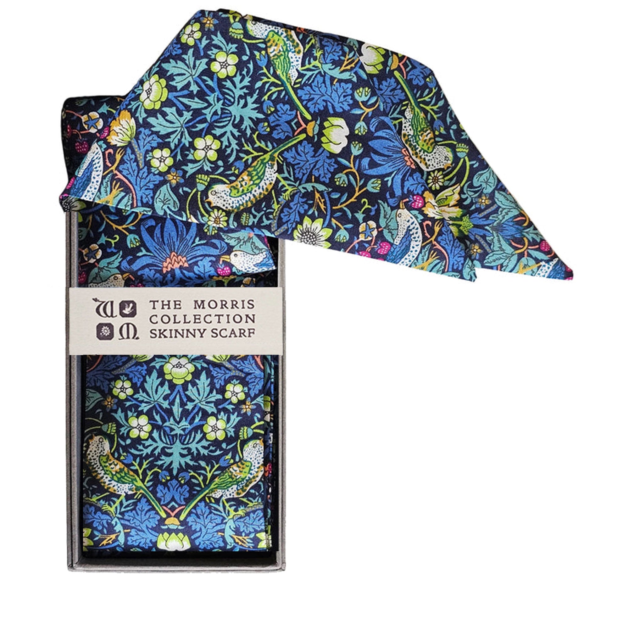 Floral patterned skinny scarf in a box with a visible brand label.