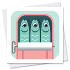 Illustrated greeting card featuring three sardines with googly eyes in a pink tin with aqua blue coloured background and white border. 