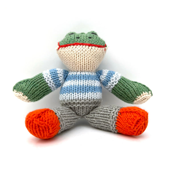 Green frog toy with blue stripe jumper hand knitted 