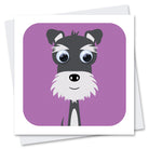 Illustrated greeting card featuring a schnauzer dog with googly eyes on a purple background with a white border. 