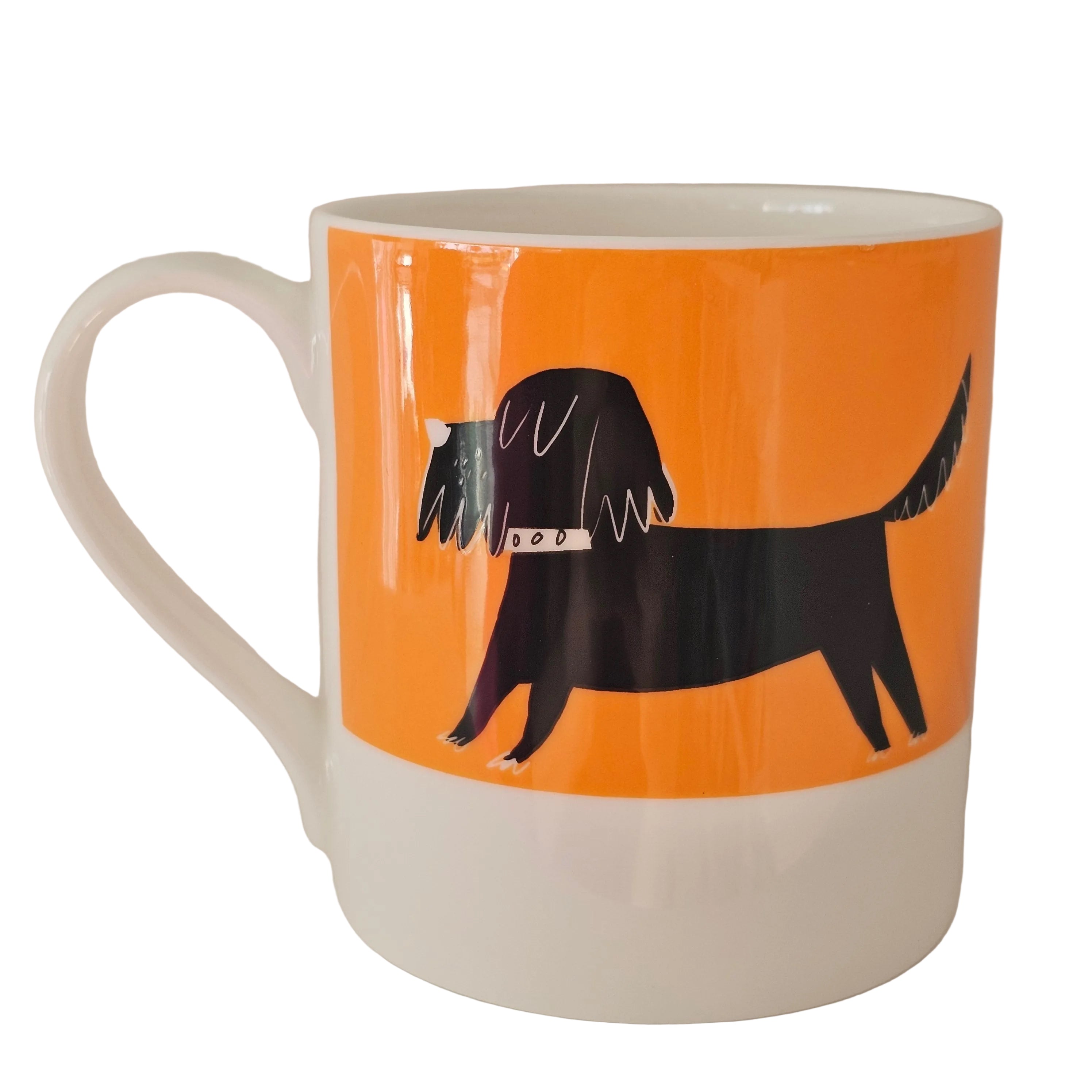 Mug with a black dog illustration on an orange background
