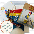Seagull sewing kit inclusions with threads, felts, instructions, ribbon, needle and kraft packaging. 