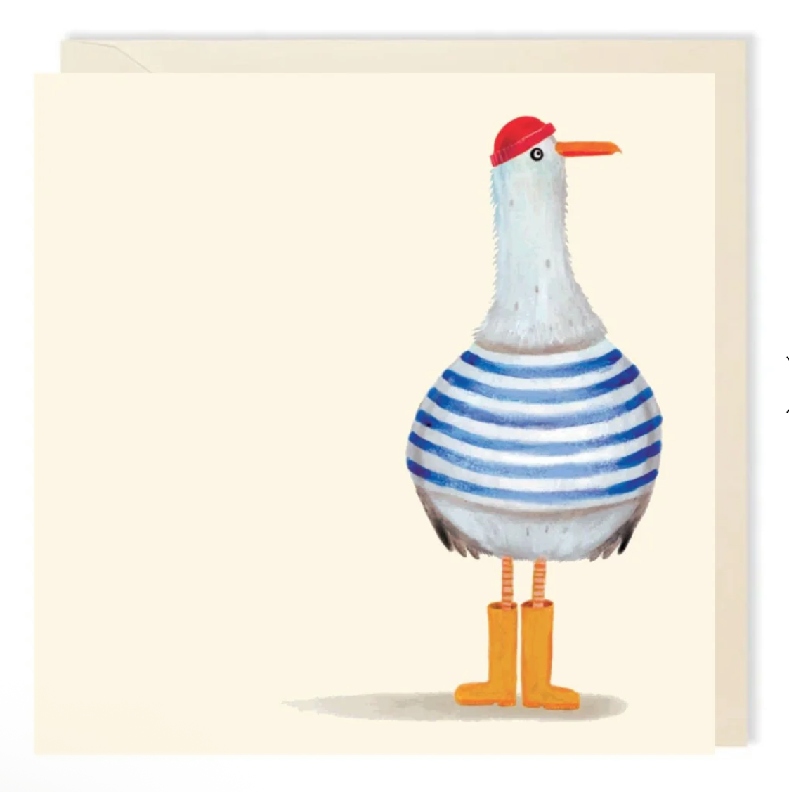 Illustrated card featuring a seagull wearing yellow wellington boots, a blue and white striped breton top and a red hat. 